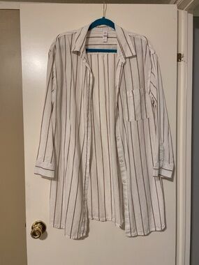 Stars Above White & Tan Linen Button Down Blouse Size L